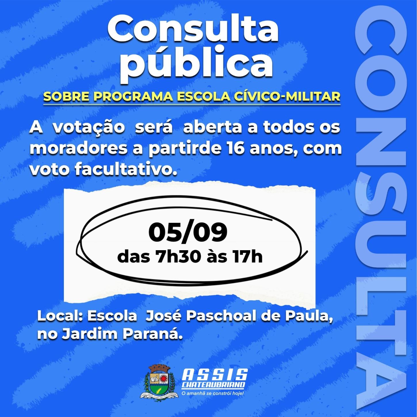 Consulta Pública sobre Programa Escola Cívico-Militar acontece na sexta-feira (5) em Assis Chateaubriand