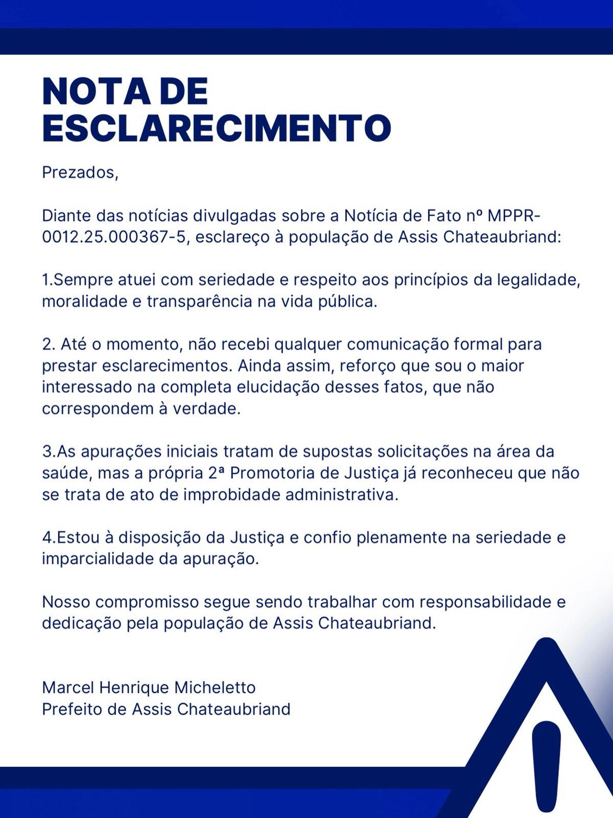 Prefeito Marcel Micheletto emite nota de esclarecimento após divulgações de supostas irregularidades na área da saúde
