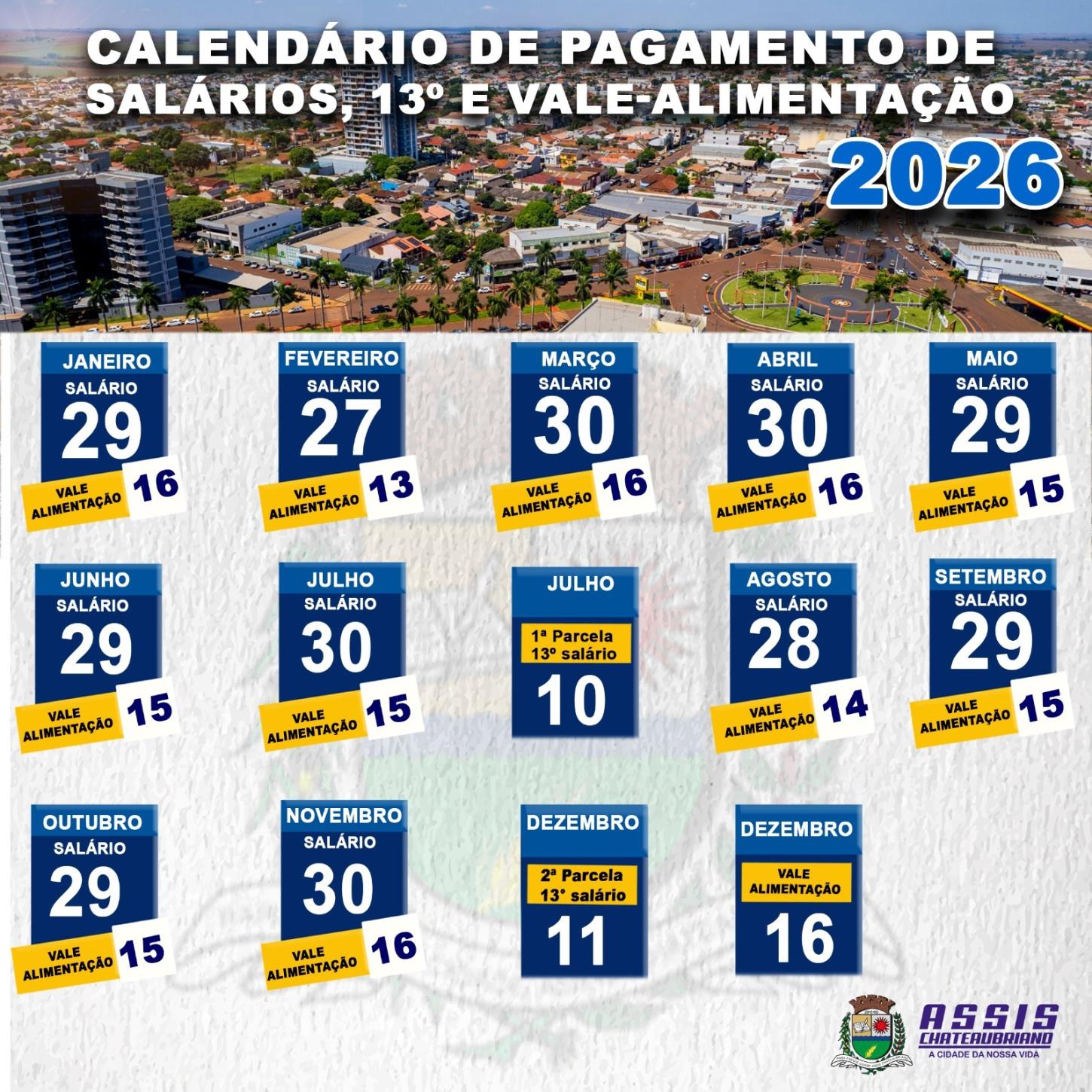 Prefeitura divulga calendário de pagamento de salários, 13º e auxílio alimentação de 2026